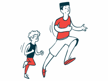 An illustration shows a man and a boy running.