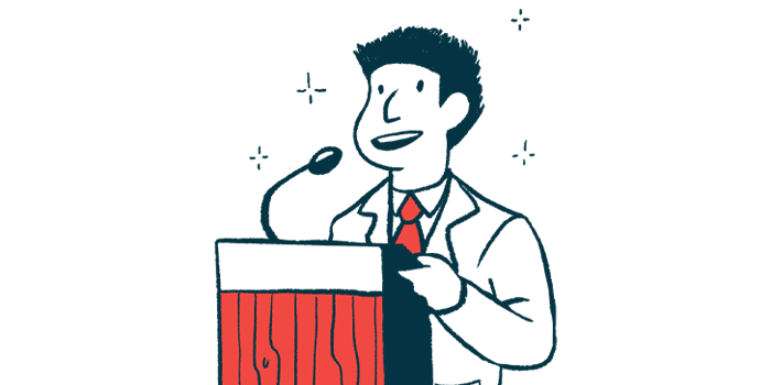 QurAlis names QRL-201 its lead treatment candidate | ALS News Today | speaker at podium announcement illustration