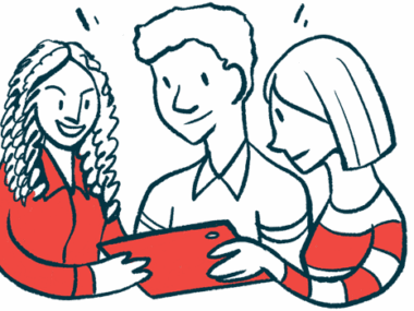 An illustration of three people looking at information on a tablet's screen.