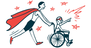 ALS caregiver burden | ALS News Today | Illustration of woman in cape pushing patient in wheelchair