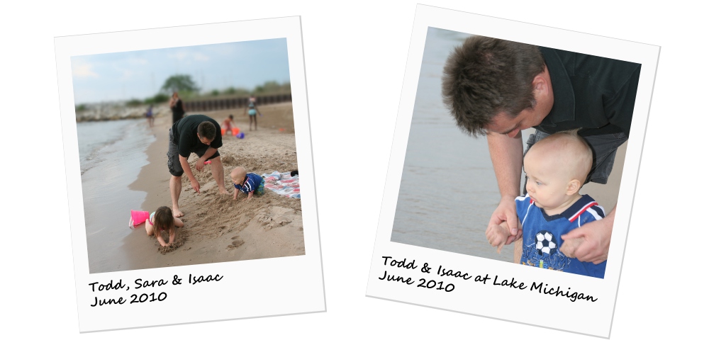ALS News Today \ A photo collage of Kristin's husband, Todd, before ALS symptoms completely affected his mobility, playing on the beach with his two young children.