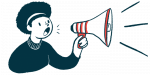 Biomarker | ALS News Today | announcement illustration of woman with megaphone
