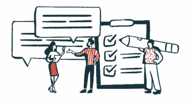 Two researchers look at survey responses in oversized text boxes while a third person holds up a giant pencil used to tick boxes on a gigantic survey form.