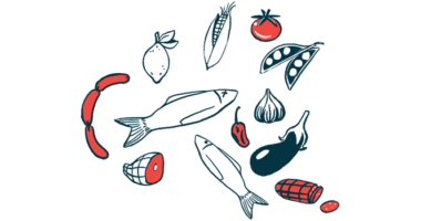 An illustration shows fish, vegetables, fruits, and meat.