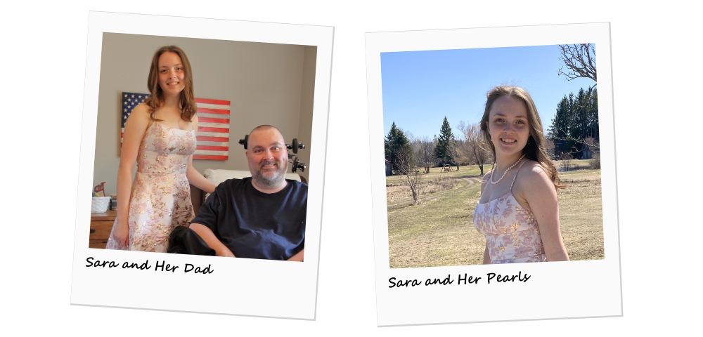 ALS diagnosis | ALS News Today | A two-photo collage shows Kristin's husband, Todd, who has ALS, in the first photo, with their daughter, Sara. The second shows Sara outdoors on her prom day. She's wearing a pretty dress with her mother's pearls.