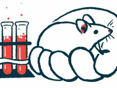An oversized human hand holds a mouse next to rack of filled test tubes in a lab.