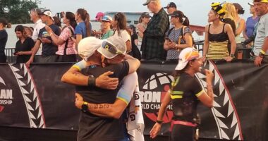 Ironman World Championship | ALS News Today | Kyle Brown and Patrick Harfield embrace at the end of the Ironman competition