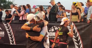 Ironman World Championship | ALS News Today | Kyle Brown and Patrick Harfield embrace at the end of the Ironman competition