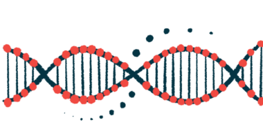 An up-close illustration of a strand of DNA highlights its double-helix structure.