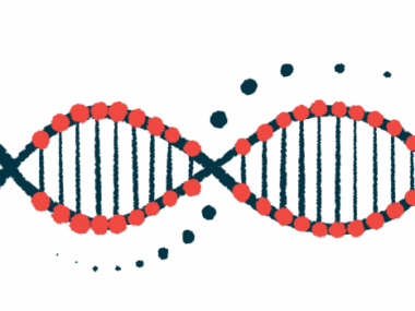 An up-close illustration of a strand of DNA highlights its double-helix structure.