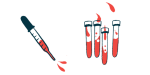 A dropper squirts blood alongside several vials half-filled with blood.