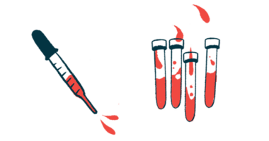 A dropper squirts blood alongside several vials half-filled with blood.