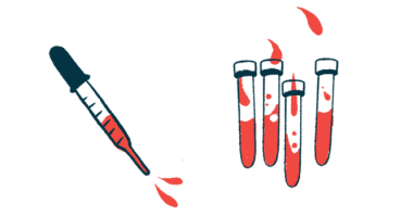 A dropper squirts blood alongside several vials half-filled with blood.