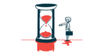 A person holding a briefcase reaches out a hand to a giant hourglass illustrating survival time.