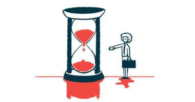 A person holding a briefcase reaches out a hand to a giant hourglass illustrating survival time.