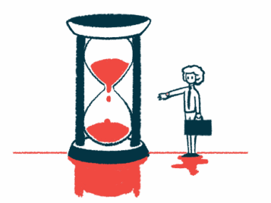 A person holding a briefcase reaches out a hand to a giant hourglass illustrating survival time.