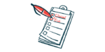 A red pen ticks a box labeled clinical trials on a clipboard checklist.