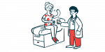 An illustration of a woman taking medication given to her in a doctor's office.