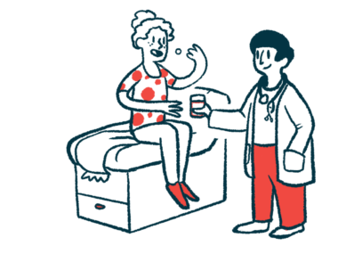 An illustration of a woman taking medication given to her at a doctor's office.