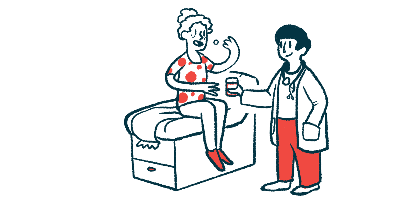 An illustration of a woman taking medication given to her at a doctor's office.