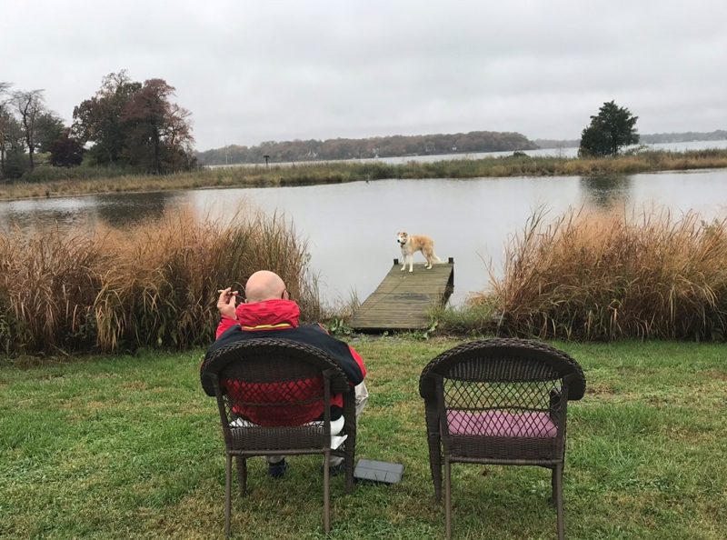 clinical trials als | ALS News Today | Juliet's late husband, Jeff, sits in a wicker chair, with his back to the camera, smoking a cigar and looking out over a river or lake. The couple's dog stands on the end of a dock. Next to Jeff is Juliet's empty wicker chair, and it's a cloudy, gray day. 