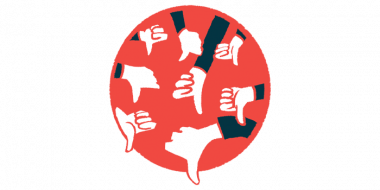 More than a half-dozen hands give a thumbs-down sign against the backdrop of a red circle.