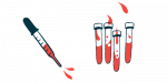 Blood squirts from a dropper alongside vials half filled with blood.