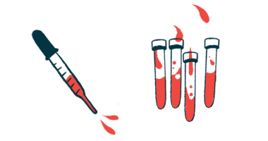 Blood squirts from a dropper alongside vials half filled with blood.