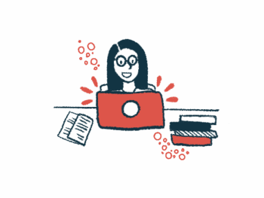 A woman conducts research on a laptop with a pile of books and a pamphlet nearby.