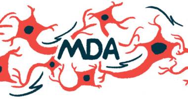 An illustration for the Muscular Dystrophy Association (MDA) Clinical and Scientific Conference shows a bold MDA against a background of cells and synapses.