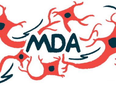 The letters MDA, for Muscular Dystrophy Association, are seen against a backdrop of motor neurons.
