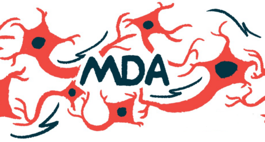The letters MDA, for Muscular Dystrophy Association, are seen against a backdrop of motor neurons.