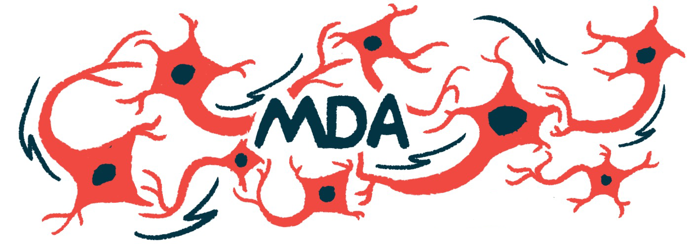 An illustration for the MDA Clinical & Scientific Conference shows a bold MDA acronym against a background of cells and synapses.