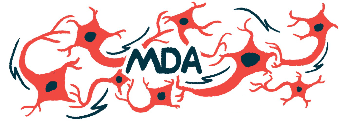 The letters MDA, for Muscular Dystrophy Association, are seen against a backdrop of motor neurons.