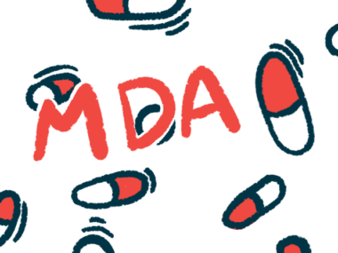 The letters MDA, for Muscular Dystrophy Association, are seen against a backdrop of scattered oral medications in this illustration for the Muscular Dystrophy Association (MDA) Clinical and Scientific Conference.