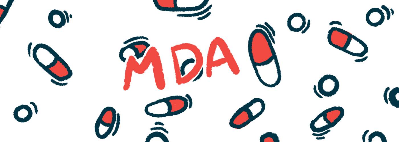 The letters MDA, for Muscular Dystrophy Association, are seen against a backdrop of scattered oral medications in this illustration for the Muscular Dystrophy Association (MDA) Clinical and Scientific Conference.