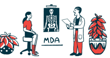 An X-ray of a human skeleton hangs on a wall above the MDA acronym as a doctor consults with a patient.