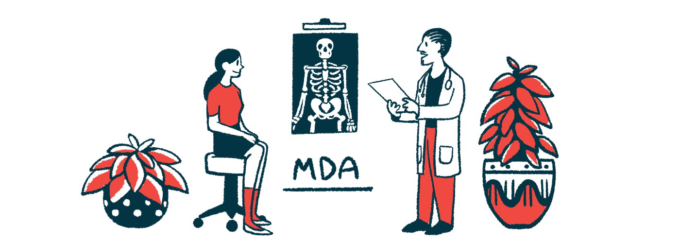 An X-ray of a human skeleton hangs on a wall above the MDA acronym as a doctor consults with a patient.