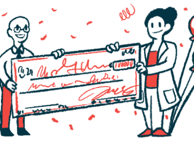 An illustration of two people holding the corners of a large check, surrounded by balloons and confetti.