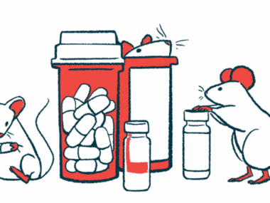 Mice are shown standing and sitting near bottles of medicine.