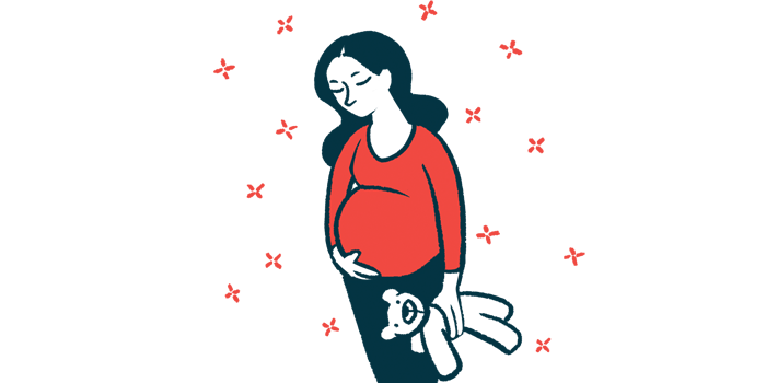 A pregnant woman nearing full term is shown holding a teddy bear.