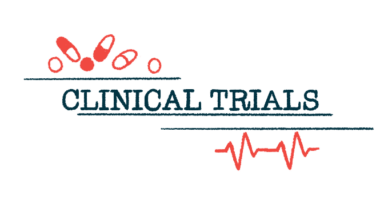 An illustration shows medicine and an EKG framing the words CLINICAL TRIALS.