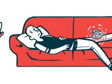 A person lies on a couch with a bag of ice resting on one knee.
