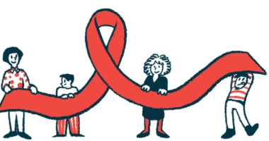 Illustration of four people holding a giant red ribbon.
