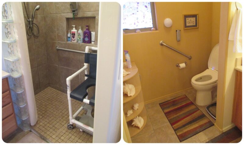 A photo stitch of two areas of a remodeled bathroom: one showing an open shower with a shower chair and other showing the toilet area with grab bars. 