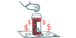 A hand is shown placing a coin into a pill bottle sitting atop paper money and surrounded by dollar signs.
