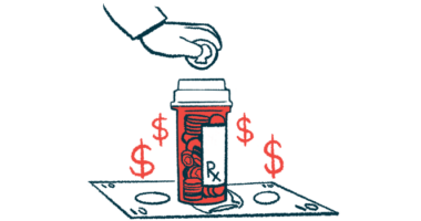 A hand is shown placing a coin into a pill bottle sitting atop paper money.