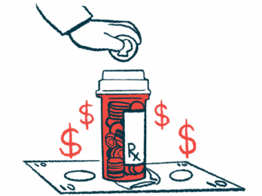 A hand is shown placing a coin into a pill bottle sitting atop paper money.