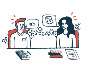 Speech bubbles show a thumbs-up sign and pages of documents as two people talk during a meeting.