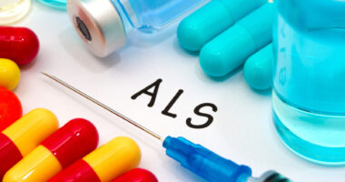 Medications and vials on to top of paper that says ALS